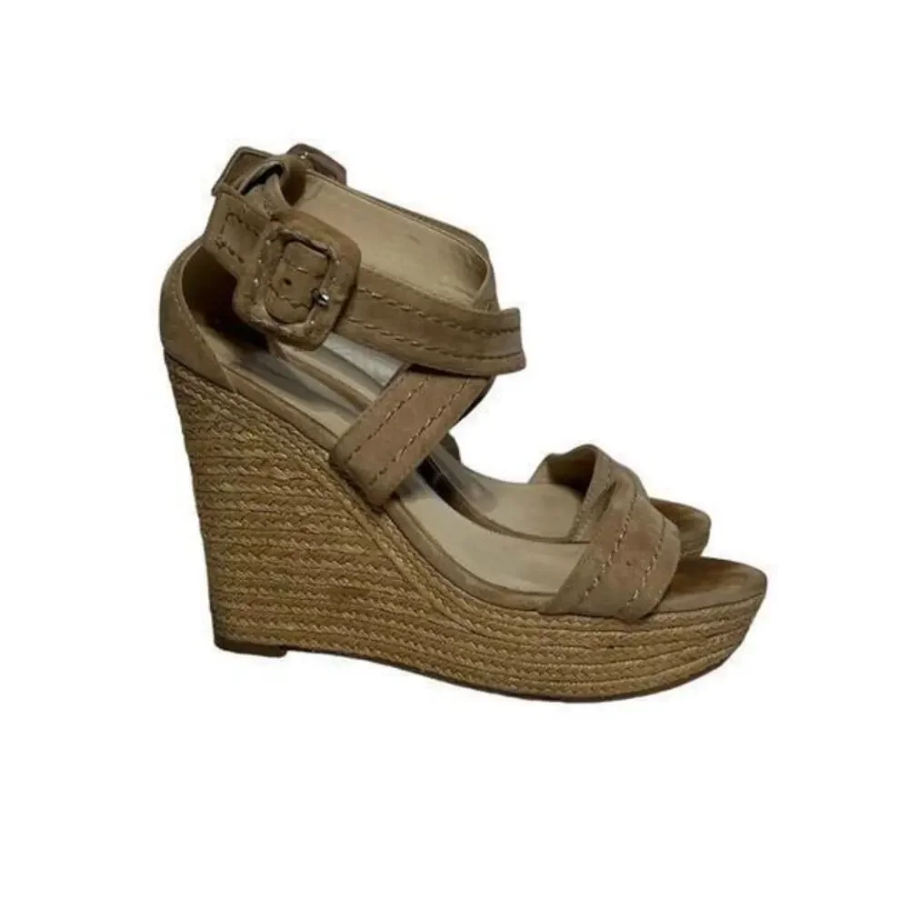 Marc Fisher Haely Nude Beige Suede Wedge Heel Espadrille Sandal Shoes Size 8